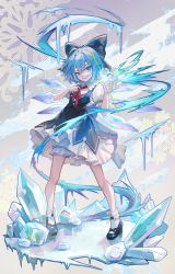 Rule 34 | 1girl, ahoge, blue bow, blue dress, blue eyes, blue footwear, blue hair, bow, bowtie, breasts, cirno, closed mouth, collared shirt, dress, full body, gradient background, grey background, hair between eyes, hands up, highres, ice, ice wings, kyusoukyu, looking to the side, magic, medium breasts, pinafore dress, polka dot, polka dot background, puffy short sleeves, puffy sleeves, purple background, red bow, red bowtie, shirt, shoes, short hair, short sleeves, sleeveless dress, smile, snowflakes, socks, solo, standing, teeth, touhou, v-shaped eyebrows, white shirt, white socks, wings