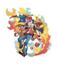 Rule 34 | 1boy, absurdres, backpack, bag, blue eyes, charizard, creatures (company), fangs, fire, game freak, gen 1 pokemon, hat, highres, holding, holding clothes, holding hat, male focus, nintendo, official art, open mouth, poke ball, poke ball (basic), pokemon, pokemon (creature), pokemon frlg, red (pokemon), saitou naoki, smile, tail, vs seeker, white background, wings