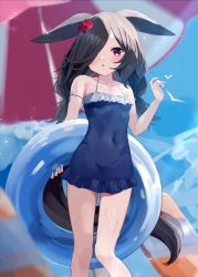 Rule 34 | 1girl, :o, agaki anko, alternate hairstyle, animal ears, bare shoulders, beach umbrella, black hair, blue one-piece swimsuit, blurry, blush, collarbone, covered navel, ears down, feet out of frame, flower, frilled swimsuit, frills, hair flower, hair ornament, hair over one eye, halterneck, hand up, hibiscus, highres, holding, holding swim ring, horse ears, horse girl, horse tail, innertube, long hair, looking at viewer, low twintails, one-piece swimsuit, one eye covered, open mouth, outdoors, parted bangs, purple eyes, red flower, rice shower (umamusume), sidelocks, solo, standing, swept bangs, swim ring, swimsuit, tail, twintails, umamusume, umbrella, wet