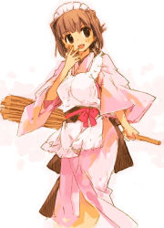 Rule 34 | 1girl, :d, apron, black eyes, blush, broom, brown hair, hand to own mouth, holding, holding broom, japanese clothes, kimono, maid, maid apron, maid headdress, momiji mao, open mouth, smile, solo, wa maid