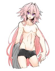 Rule 34 | 1boy, :o, astolfo (fate), boxers, commentary request, fate/apocrypha, fate (series), hair down, hair intakes, haoro, long hair, looking at viewer, male focus, male underwear, multicolored hair, no pants, open mouth, pink hair, purple eyes, topless male, simple background, sketch, solo, streaked hair, toned, toned male, underwear, very long hair, white background