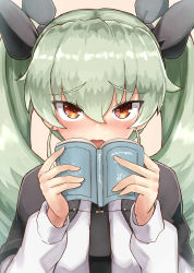 Rule 34 | 10s, 1girl, absurdres, anchovy (girls und panzer), anzio school uniform, aqua hair, black necktie, black ribbon, blush, book, brown eyes, capelet, close-up, covering own mouth, embarrassed, eyebrows, fume, girls und panzer, hair between eyes, hair ribbon, highres, holding, holding book, long sleeves, looking at viewer, necktie, okitsugu, open book, open mouth, orange background, resized, revision, ribbon, school uniform, shirt, simple background, solo, tsurime, twintails, upper body, upscaled, white shirt