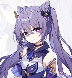 Rule 34 | 1girl, bow, bright pupils, closed mouth, cone hair bun, detached sleeves, dress, genshin impact, hair between eyes, hair bow, hair bun, highres, indonesian commentary, jewelry, keqing (genshin impact), long hair, looking at viewer, neck tassel, necklace, portrait, purple bow, purple dress, purple eyes, purple hair, shiroi ou, signature, smile, solo, twintails, white pupils, zoom layer