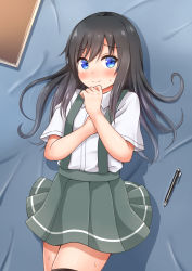 Rule 34 | 1girl, arm warmers, asashio (kancolle), bed, black hair, black thighhighs, blanket, blue eyes, blush, collared shirt, comiching, from above, grey skirt, hair between eyes, highres, indoors, kantai collection, long hair, looking at viewer, looking to the side, looking up, lying, neck ribbon, notepad, on bed, pen, ribbon, shadow, shirt, short sleeves, skirt, smile, solo, suspender skirt, suspenders, sweat, thighhighs, white shirt