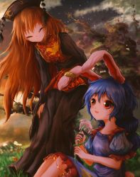 Rule 34 | 2girls, animal ears, bad id, bad pixiv id, black dress, black headwear, blonde hair, blue dress, blue hair, closed eyes, cloud, crying, crying with eyes open, dress, earclip, facing another, flower, grass, holding, holding flower, junko (touhou), kayon (touzoku), long hair, looking at another, multiple girls, on ground, outdoors, parted lips, puffy short sleeves, puffy sleeves, rabbit ears, rabbit tail, red eyes, seiran (touhou), short sleeves, sitting, sky, star (sky), starry sky, sunset, tabard, tail, tears, touhou, very long hair