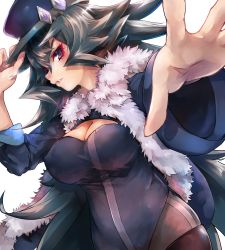Rule 34 | 1girl, black hair, breasts, cleavage, covered erect nipples, eyeliner, fur, hat, hat tip, highres, large breasts, long hair, maido mido, makeup, original, outstretched hand, purple eyes, shiratan, skin tight, solo