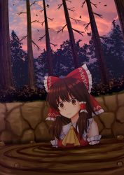 Rule 34 | 1girl, ascot, bare shoulders, bare tree, blush, bow, brown eyes, brown hair, clenched teeth, cloud, commentary, commission, falling leaves, frilled bow, frilled shirt collar, frills, hair bow, hair tubes, hakurei reimu, highres, kazenokaze, leaf, outdoors, parted lips, partially submerged, red bow, ribbon trim, scared, short hair with long locks, sidelocks, solo, sweat, teeth, touhou, tree, twilight, upper body, yellow ascot