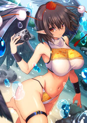 Rule 34 | 1girl, adapted costume, armpits, bird wings, black hair, black wings, blurry, breasts, camera, closed mouth, depth of field, dutch angle, hair between eyes, hat, highres, hijikawa arashi, large breasts, leaf print, looking at viewer, navel, outdoors, pointy ears, red eyes, red hat, river, shameimaru aya, short hair, smile, solo, swimsuit, taut clothes, taut swimsuit, thigh strap, tokin hat, touhou, water drop, wings, wristband