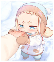 Rule 34 | 1girl, :&lt;, beanie, blonde hair, blowing, blue eyes, blurry, breath, bright pupils, child, commentary, commentary request, depth of field, english commentary, engrish commentary, hand grab, hat, kozato (yu kozato), little blonde girl (kozato), mittens, mixed-language commentary, original, pom pom (clothes), short bangs, snow, twintails, white pupils, winter
