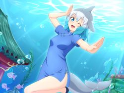 Rule 34 | 1girl, ;d, absurdres, air bubble, alternate costume, architecture, arm up, blowhole, blue dress, blue eyes, blue hair, bubble, cetacean tail, china dress, chinese clothes, commentary, common bottlenose dolphin (kemono friends), dorsal fin, dress, east asian architecture, fins, fish, fish tail, gradient hair, grey hair, head fins, highres, kemono friends, looking at viewer, medium hair, multicolored hair, one eye closed, open mouth, outstretched arm, seaweed, shiraha maru, short sleeves, side slit, smile, solo, tail, underwater, white hair