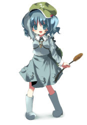 Rule 34 | 1girl, :d, anju (meipurusanchi), anju (pixiv), blue dress, blue eyes, blue hair, boots, collar, dress, female focus, flat cap, frills, full body, hat, kawashiro nitori, key, long sleeves, looking at viewer, matching hair/eyes, open mouth, pocket, rubber boots, simple background, smile, solo, standing, thighhighs, touhou, two side up, white background, zettai ryouiki