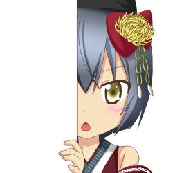 Rule 34 | 1girl, blush, chrysanthemum, detached sleeves, flower, green eyes, grey hair, hair flower, hair ornament, haori, japanese clothes, looking at viewer, miki (oshiro collection), miki (oshiro project), nagineko, oshiro project:re, peeking out, short hair, solo, transparent background
