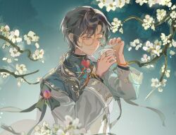 Rule 34 | 1boy, bingzhen yugao, black hair, blue eyes, braid, character request, chinese clothes, closed mouth, cup, flower, glasses, highres, holding, holding cup, long hair, long sleeves, looking to the side, male focus, smile, solo, tea, the tale of food, white flower