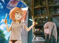 Rule 34 | 10s, 2girls, ahoge, alternate costume, amoranorem, blonde hair, brown eyes, brown hair, food, hair ornament, i-58 (kancolle), ice cream, kantai collection, kashii (amoranorem), long hair, military, military uniform, multiple girls, open mouth, outdoors, short hair, short sleeves, swimsuit, swimsuit under clothes, u-511 (kancolle), uniform