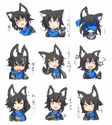 Rule 34 | :d, animal ears, black gloves, black hair, blue scarf, blush, expressions, fox ears, ganesagi, gloves, jacket, long sleeves, looking at viewer, multiple views, nanashi (ganesagi), nanashi (shirogane usagi), open mouth, original, partially translated, scarf, short hair, smile, sweat, translation request, upper body, yellow eyes