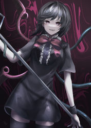 Rule 34 | 1girl, :d, absurdres, asymmetrical wings, black dress, black hair, black thighhighs, bow, bowtie, dress, highres, holding, houjuu nue, looking at viewer, open mouth, polearm, red bow, red eyes, short dress, short hair, short sleeves, signature, smile, snake, solo, t terano, teeth, thighhighs, touhou, trident, weapon, wings, zettai ryouiki