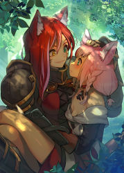Rule 34 | 2girls, animal ears, armor, warrior of light (ff14), bare shoulders, black gloves, blush, book, braid, breasts, brown gloves, cat ears, choker, cleavage, closed mouth, crack, facial mark, final fantasy, final fantasy xiv, fingerless gloves, forest, gloves, green eyes, hand on head, heterochromia, hide (hideout), highres, holding, holding book, holding person, jewelry, light rays, long hair, miqo&#039;te, multicolored hair, multiple girls, nature, necklace, open book, outdoors, pauldrons, pink hair, pink lips, red choker, red hair, sabrith ebonclaw, scar, scar across eye, scar on face, shoulder armor, sitting, smile, tayelle ebonclaw, tree, yellow eyes, yuri