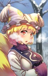 Rule 34 | 1girl, :o, animal hat, bare tree, blonde hair, blue sky, blush, breasts, breath, chestnut mouth, day, dress, eyebrows, frilled hat, frilled shirt collar, frills, hands in opposite sleeves, hat, hat with ears, highres, large breasts, long sleeves, looking at viewer, mob cap, ofuda, open mouth, outdoors, plant, red eyes, shiya, short hair, sky, sleeves past wrists, snow, solo, tabard, tail, tareme, tassel, touhou, tree, upper body, white dress, white hat, winter, yakumo ran
