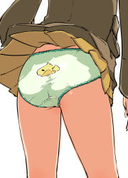 Rule 34 | 1girl, ass, ass focus, back-print panties, bad id, bad pixiv id, brown jacket, chi-hatan military uniform, close-up, clothes lift, commentary, crotch seam, duck print, fukuda haru, girls und panzer, green panties, highres, jacket, lace, lace-trimmed panties, lace trim, long sleeves, military, military uniform, miniskirt, ogihara mach, panties, pantyshot, pleated skirt, print panties, simple background, skirt, skirt lift, solo, standing, thighs, underwear, uniform, white background, wind, wind lift, yellow skirt