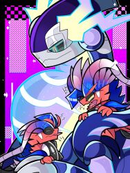 Rule 34 | animal focus, black border, black sclera, blue eyes, blue hair, border, claws, closed eyes, closed mouth, colored sclera, colored skin, commentary request, creatures (company), fangs, game freak, gradient hair, highres, koraidon, miraidon, multicolored hair, nintendo, no humans, open mouth, pink background, pink hair, pokemon, pokemon (creature), red skin, skin fangs, sparkle, tail, tongue, tongue out, two-tone eyes, white hair, yakareta hotate, yellow eyes