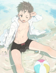 Rule 34 | 1boy, arm support, ball, bare legs, bare pectorals, beach, beachball, black jammers, black male swimwear, bulge, day, drawstring, feet out of frame, from above, hood, hood down, hoodie, jacket, jammers, legs apart, long sleeves, looking at viewer, looking up, male focus, male swimwear, navel, nipples, one eye closed, open clothes, open hoodie, original, outdoors, partially submerged, pectorals, short hair, sitting, solo, swimsuit, tayu (mousou dokoro 2), teeth, tight clothes, topless male, water, white hoodie