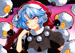 Rule 34 | 1girl, ;d, arm up, bad id, bad pixiv id, black capelet, blue hair, capelet, doremy sweet, dress, fur-trimmed headwear, fur trim, hat, looking at viewer, nightcap, one eye closed, open mouth, pink hair, pom pom (clothes), qqqrinkappp, red hat, sheep, short hair, smile, solo, touhou, traditional media