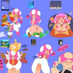 Rule 34 | 1girl, 2boys, ? block, absurdres, ass, blush, breasts, buttjob, captain kirb, clothed sex, collage, cum, dark penis, ejaculation, english text, facial, folded, full nelson, hetero, highres, huge ass, large breasts, large penis, leg grab, legs over head, luigi, mario, mario (series), multiple boys, nintendo, nipples, no panties, oral, paizuri, pants, penis, projectile cum, reverse cowgirl position, reverse suspended congress, sex, sex from behind, solo focus, star-shaped pupils, star (symbol), straddling, super mario maker, super mario maker 2, symbol-shaped pupils, testicle sucking, toadette, torn clothes, torn pants, uncensored, white pants