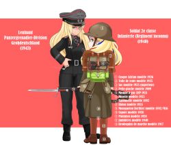 Rule 34 | 2girls, alternate costume, backpack, bad id, bad pixiv id, bag, bismarck (kancolle), black coat, black pants, blonde hair, blue eyes, blue hair, boots, border, cigarette, coat, commandant teste (kancolle), commentary request, french army, gun, hat, helmet, highres, holding, holding cigarette, kantai collection, long hair, military, military hat, military uniform, multicolored hair, multiple girls, nb (pixiv594732), pants, peaked cap, pink background, red hair, rifle, streaked hair, title, trench coat, uniform, weapon, wehrmacht, white border, white hair