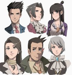 Rule 34 | 3boys, 3girls, ace attorney, black hair, capcom, character request, closed mouth, coat, dick gumshoe, earrings, facial hair, formal, franziska von karma, grey hair, highres, japanese clothes, jewelry, jourd4n, long hair, looking at viewer, magatama, magatama necklace, maya fey, mia fey, miles edgeworth, mole, mole under eye, multiple boys, multiple girls, necklace, necktie, phoenix wright, scarf, short hair, smile, suit, upper body