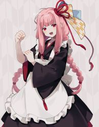Rule 34 | 1girl, alternate costume, apron, blush, braid, bras d&#039;honneur, frilled apron, frills, hair ornament, hair ribbon, hand on own arm, highres, japanese clothes, kotonoha akane, long hair, looking at viewer, maid, open mouth, pink hair, red eyes, red ribbon, ribbon, sahata saba, sidelocks, signature, simple background, solo, tassel, twin braids, voiceroid, wa maid, white apron