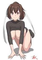 Rule 34 | 1girl, all fours, artist logo, black socks, black panties, black shirt, breasts, brown eyes, brown hair, clothes lift, commentary request, convenient censoring, hair ribbon, highres, ise (kancolle), kantai collection, kneehighs, large breasts, looking at viewer, panties, ponytail, ribbon, shirt, shirt lift, short hair, simple background, smile, socks, solo, t2r, undershirt, underwear, white background
