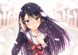 Rule 34 | 1girl, black hair, blue eyes, blurry, blurry background, cherry blossoms, crying, crying with eyes open, hair ornament, hairclip, highres, kazeno, looking at viewer, original, petals, school uniform, serafuku, solo, tears