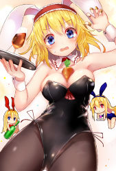 Rule 34 | 1girl, alice margatroid, alternate costume, animal ears, arm up, bare arms, bare shoulders, between breasts, black leotard, black pantyhose, blonde hair, blue eyes, breasts, carrot, cleavage, covered erect nipples, covered navel, cowboy shot, cup, detached collar, drinking glass, efe, fake animal ears, hair between eyes, hairband, hand up, head tilt, holding, large breasts, leotard, looking at viewer, pantyhose, playboy bunny, puppet strings, rabbit ears, shanghai doll, solo, sweatdrop, touhou, tray, wrist cuffs