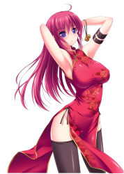 Rule 34 | 1girl, armpits, arms up, bad id, bad pixiv id, china dress, chinese clothes, dress, highres, long hair, original, purple eyes, red hair, solo, thighhighs, toujou akira
