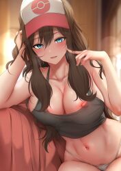Rule 34 | 1girl, alternate breast size, baseball cap, black camisole, blue eyes, blurry, blurry background, breasts, brown hair, camisole, collarbone, commentary, creatures (company), curly hair, elbow rest, english commentary, female pubic hair, finger to cheek, game freak, ginhaha, hair between eyes, hat, head rest, highleg, highleg panties, highres, hilda (pokemon), indoors, large breasts, long hair, looking at viewer, navel, nintendo, nipple slip, nipples, open mouth, panties, pink hat, poke ball print, pokemon, pokemon bw, pubic hair, pubic hair peek, see-through, sitting, smile, solo, two-tone headwear, underwear, white hat, white panties
