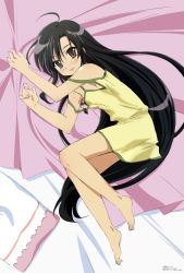Rule 34 | 00s, 1girl, absurdres, ahoge, alastor (shakugan no shana), bare legs, barefoot, bed sheet, black hair, brown eyes, chemise, feet, highres, jewelry, long hair, looking at viewer, lying, megami magazine, official art, on side, ootsuka mai, pendant, pillow, scan, shakugan no shana, shana, sheet grab, solo, strap slip, very long hair