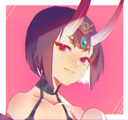 Rule 34 | 1girl, bare shoulders, blunt bangs, bob cut, border, collarbone, commentary, eyeliner, eyeshadow, fang, fate/grand order, fate (series), headpiece, horns, looking at viewer, makeup, momosa (472166143), oni, pink background, pink eyes, portrait, purple hair, short eyebrows, short hair, shuten douji (fate), simple background, skin-covered horns, skin fang, smile, solo, tsurime, white border