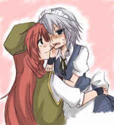 Rule 34 | 2girls, blue eyes, blush, eye contact, female focus, food, hong meiling, izayoi sakuya, looking at another, multiple girls, pocky, pocky kiss, red hair, shared food, silver hair, embodiment of scarlet devil, touhou, yuri, yuuta (monochrome)