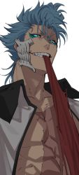Rule 34 | 1boy, absurdres, bleach, blue eyes, blue hair, clenched teeth, commentary request, eating, glowing, glowing eyes, grimmjow jaegerjaquez, highres, jacket, looking at viewer, male focus, mask, open clothes, open jacket, samei ikusa, scar, smile, solo, teeth, upper body, white background, white jacket