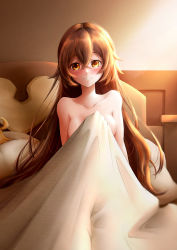 Rule 34 | 1boy, 1girl, aether (genshin impact), aftersex, ahoge, amber (genshin impact), bed, bed sheet, bedroom, blonde hair, blush, breasts, brown hair, chinese commentary, completely nude, covering privates, covering breasts, flower pot, genshin impact, hetero, highres, indoors, long hair, looking at viewer, lying, nude, on bed, pillow, red ribbon, ribbon, royboy, sleeping, smile, sunlight, under covers, window, yellow eyes