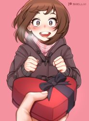 Rule 34 | 1girl, 1other, absurdres, alternate costume, artist name, blush, boku no hero academia, brown eyes, brown hair, commentary, highres, jacket, layered sleeves, long sleeves, looking at viewer, open mouth, patreon logo, pink background, pink scarf, plaid, plaid scarf, pov, pov hands, scarf, shellvi, short hair, simple background, smile, solo focus, teeth, upper teeth only, uraraka ochako