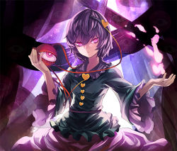 Rule 34 | 1girl, bad id, bad pixiv id, curtains, eredhen, eyeball, fire, hairband, heart, komeiji satori, long sleeves, looking at viewer, outstretched arm, outstretched hand, pink eyes, pink fire, purple hair, shirt, skirt, solo, third eye, touhou, wide sleeves