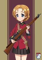 Rule 34 | 1girl, black skirt, blue eyes, bolt action, braid, chinese commentary, closed mouth, commentary, emblem, epaulettes, girls und panzer, guan 1005, gun, highres, holding, holding gun, holding weapon, jacket, lee-enfield, long sleeves, looking at viewer, military, military uniform, miniskirt, orange hair, orange pekoe (girls und panzer), parted bangs, pleated skirt, red jacket, rifle, sash, scope, short hair, shoulder sash, skirt, smile, solo, st. gloriana&#039;s (emblem), st. gloriana&#039;s military uniform, standing, twin braids, uniform, weapon