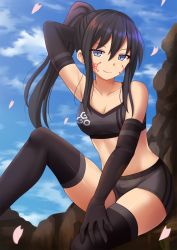 Rule 34 | 1girl, arm up, bare shoulders, black bra, black gloves, black hair, black thighhighs, blue eyes, blue sky, boxer briefs, bra, breasts, cleavage, cloud, collarbone, commentary, day, elbow gloves, facial tattoo, gloves, grey shorts, hair between eyes, high ponytail, highres, kazenokaze, long hair, looking at viewer, male underwear, medium breasts, outdoors, parted lips, petals, pitohui (sao), ponytail, short shorts, shorts, sitting, sky, solo, sports bra, sword art online, sword art online alternative: gun gale online, tattoo, thighhighs, underwear, underwear only