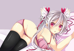 Rule 34 | 1girl, bed, black thighhighs, bloodcatblack, blush, bow, bow panties, bra, breasts, butterfly hair ornament, hair ornament, long hair, lying, on side, open mouth, original, panties, pillow, pink eyes, pink panties, plaid, plaid bra, plaid panties, revision, silver hair, solo, strap slip, thighhighs, twintails, underwear, underwear only