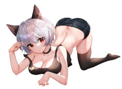 Rule 34 | 1girl, animal ear fluff, animal ears, ass, bare shoulders, black bra, black shorts, black thighhighs, bra, breasts, butt crack, cat ears, choker, cleavage, collarbone, commentary, crop top, heart, highres, large breasts, looking at viewer, original, picter, red eyes, short hair, short shorts, shorts, silver hair, solo, symbol-only commentary, thighhighs, top-down bottom-up, underwear