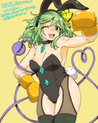 Rule 34 | 1girl, 2023, ;d, animal ears, black leotard, black thighhighs, boxing gloves, breasts, cleavage, cowboy shot, gloves, green eyes, green hair, groin, hair ribbon, heart, heart of string, highres, komeiji koishi, large breasts, leotard, looking at viewer, navel, nunnun (shunka shuutou), one eye closed, open mouth, playboy bunny, rabbit ears, rabbit tail, ribbon, short hair, simple background, smile, standing, tail, thighhighs, third eye, touhou, translation request, yellow background, yellow gloves, yellow ribbon