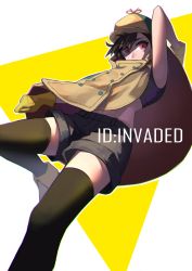 Rule 34 | 1girl, absurdres, arm up, black hair, black shorts, black thighhighs, clenched hand, coat, copyright name, gloves, hat, highres, hijiriido miyo, hondoumachi koharu, id :invaded, looking at viewer, mgr1219, midriff, pink eyes, shorts, simple background, solo, thighhighs, yellow gloves, yellow hat