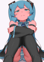 Rule 34 | 1girl, abmayo, ass, bare shoulders, black skirt, black thighhighs, cameltoe, cleft of venus, closed mouth, detached sleeves, green eyes, green hair, grey background, hair ornament, hatsune miku, highres, long hair, panties, pantyshot, pleated skirt, shiny skin, simple background, sitting, skirt, solo, striped clothes, striped panties, thighhighs, twintails, unamused, underwear, very long hair, vocaloid