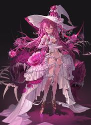 Rule 34 | 1girl, :d, absurdres, bad id, bad twitter id, bare shoulders, breasts, center opening, choker, cleavage cutout, clothing cutout, cup, detached sleeves, dress, earrings, fang, flower, freng, full body, hat, high heels, highres, jewelry, juliet sleeves, long dress, long hair, long legs, long sleeves, looking at viewer, monster, navel, open mouth, original, panties, pink eyes, pink flower, pink hair, pink theme, puffy sleeves, revealing clothes, rose, saucer, showgirl skirt, small breasts, smile, socks, solo, standing, stomach, teacup, thigh strap, thighs, two side up, underwear, very long hair, white choker, white dress, white hat, white panties, white socks, witch hat